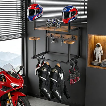 Motorcycle Helmet Hanger Wall Mount, Tiered Wooden Organizer with Metal Frame, 4 Helmet Holders, 5 Glove Clips & 3 Hooks for Accessories Storage