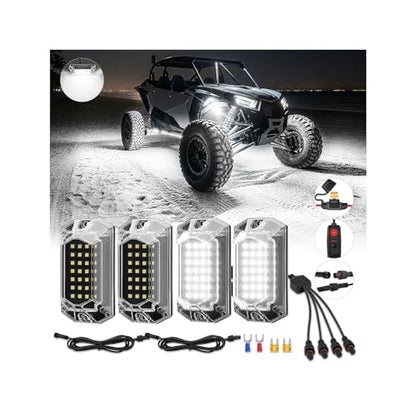 4Pods Full Angle All Pure White LED Rock Lights Full Kit Plug and Play & Pre Wired 6500K with Switch Harness Wiring Extension Fuse, 112Chips Waterproof 12V for ATV UTV SXS RZR Offroad Four Wheelers - size: 4Pods