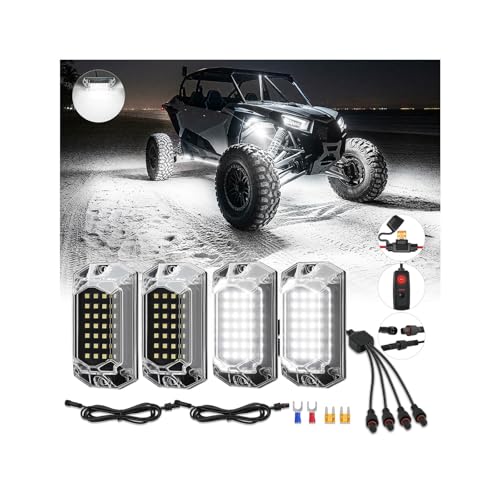 4Pods Full Angle All Pure White LED Rock Lights Full Kit Plug and Play & Pre Wired 6500K with Switch Harness Wiring Extension Fuse, 112Chips Waterproof 12V for ATV UTV SXS RZR Offroad Four Wheelers - size: 4Pods
