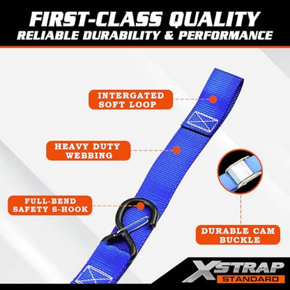 XSTRAP STANDARD Motorcycle Tie Down Straps- (2 Pack) 3,000lb Break Strength, 1.5 IN X 8FT Heavy-Duty Cambuckle Tie Down Set with S Hook and Soft Loops, Handlebar Strap for Dirt Bike, Kayak, Boat, Blue - color: Blue