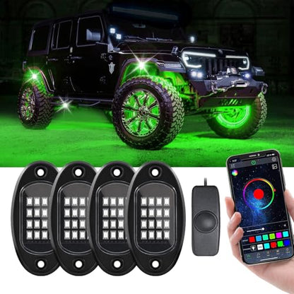 4 Pods Rock Lights for Trucks, RGB APP Control Music Mode Multilcolor Waterproof High Bright LED UTV ATV RZR Underglow kit - size: 4 Pods