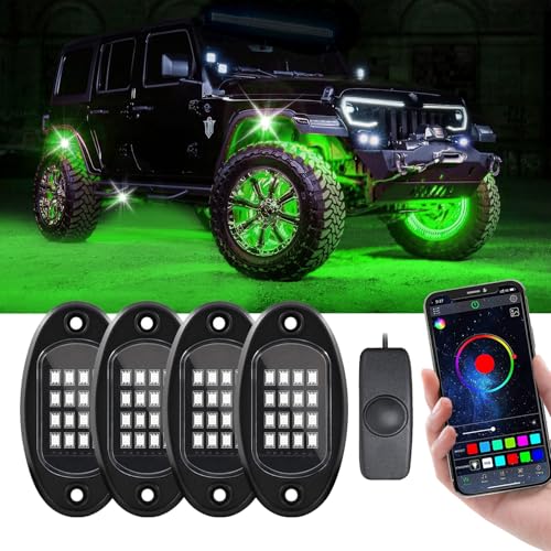4 Pods Rock Lights for Trucks, RGB APP Control Music Mode Multilcolor Waterproof High Bright LED UTV ATV RZR Underglow kit - size: 4 Pods