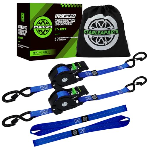 STARLEAPARTS Retractable Ratchet Straps(2PK 1.0INX12FT) - 1,500lb Break Strength, Ratchet Strap Heavy Duty with Rubber Coated Handle, Perfect Auto Ratchet Straps for Motorcycle, Kayak and Trucks - color: Blue, size: 2PK -1,500LBS
