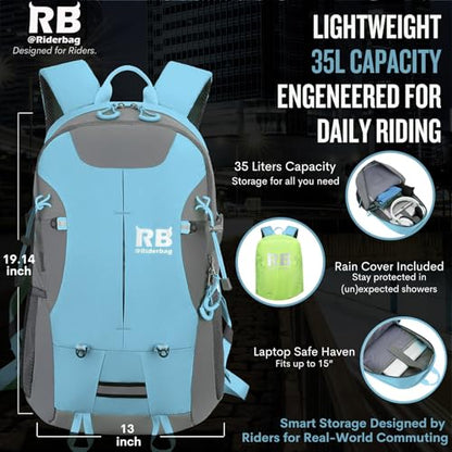 Reflective Motorcycle Backpack – Hi Viz EDC Commuter Bag for Riders, Night Travel, and Daily Use with Helmet Holder, Laptop Compartment, Ventilated Back, Urban Gear (light blue backpack) - color: Light Blue