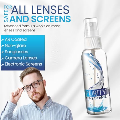 Purity Eyeglass Lens Cleaner Kit - 3 x 1oz Travel Size Lens Cleaner Spray Bottle + 2 Microfiber Cleaning Cloths - Safe for All Lenses (AR Coated Included), Eyeglasses and Screens - Clear - style: 5 Piece Set - 3 (1oz Lens Spray) + 2 (Microfiber Cloth)