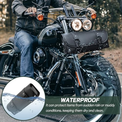 Hovom Motorcycle Handlebar Bag, Waterproof PU Leather Motorcycle Tool Bag for Front Fork, Large Capacity Fork Storage Roll Bags, Sissy Bar Storage Roll Pouch with Adjustable Mounting Straps