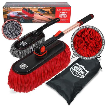 Car Duster Exterior Scratch Free,Car Dust Brush with Extendable Telescoping Handle to Remove Dust Pollen,Duster for Car,Truck,RV and Motorcycle,Large Auto Mop Duster Head, Wax Cotton Hair - color: Red Set-cotton