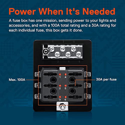 True Mods 6 Way Blade Fuse Box with Ground Negative Bus bar for Automotive [ATC/ATO Blade Fuses] [100 Amp] [LED] [Protection Cover] [12V - 30V DC] Auto Marine Ground Fuse Block - size: Fuse Box w/Busbar