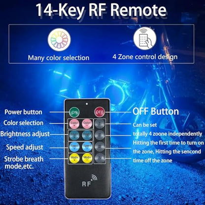 RGB LED Controller with APP & RF Remote Control, Multi-Zone Motorcycle LED Accent Strip Lights, Rock Lights with Brake & Courtesy Function, 12 DIY Modes, Music Sync, DC 12V - size: 14 Key RF Remote APP Controller