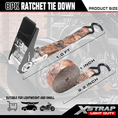 XSTRAP STANDARD 8-Pack Ratchet Tie Down Straps, 1" x 10ft, 900lb Break Strength Heavy Duty Straps for Motorcycles, ATVs, Lawn Equipment, Appliances & Truck Cargo - Camouflage - color: Camouflage
