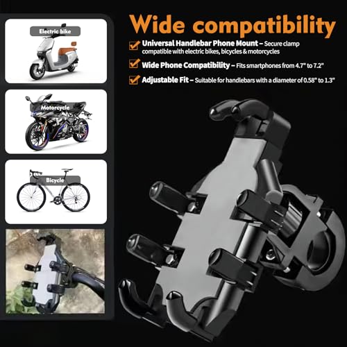 Bike Phone Holder Handlebar, Motorcycle Phone Holder, Bike Phone Mount, Bike Accessories, Anti-Shake&Camera Friendly, Compatible with iPhone, Samsung and All 4.7" to 7.2" Smartphones