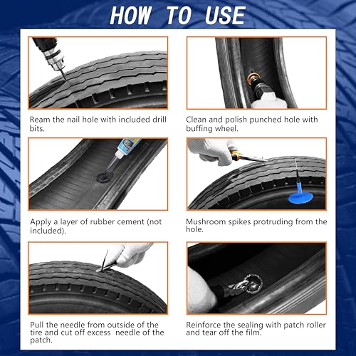 Tire Repair Patch Plug Kit (3 Sizes: 1/6" x1 3/8"/1/4" x1 3/4"/3/8" x2 3/8") with Complete Tool Set for Car/SUV/Motorcycle Tire Puncture Repair
