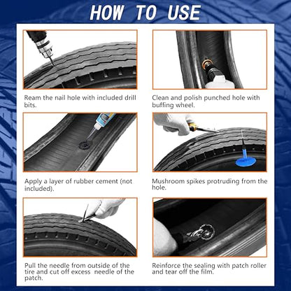Tire Repair Patch Plug Kit (3 Sizes: 1/6" x1 3/8"/1/4" x1 3/4"/3/8" x2 3/8") with Complete Tool Set for Car/SUV/Motorcycle Tire Puncture Repair