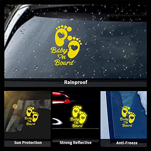 High Intensity Reflective Baby on Board Car Sticker Waterproof Cute Footprint Baby in Car Decal Safety Warning Sign Kids on Board Decal for Car Bumper Window (Yellow) - color: Yellow