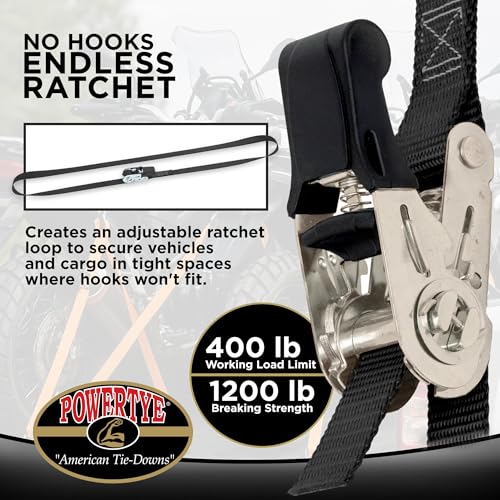 PowerTye 1in x 4ft Easy-Grip Light-Duty Endless Ratchet (no Hooks) - 400 lb. Working Load Limit / 1,200 lb. Breaking Strength - Black 2-Pack - color: Black, size: 1in x 4ft