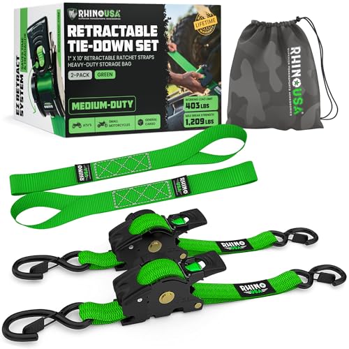 Rhino USA Retractable Ratchet Straps (2-Pack) - 1 Inch x 10 Feet (1,209lb Break Strength) - Auto Self Retracting Tie Down Straps for Truck, Cargo Trailer, Motorcycle, ATV, UTV - Green - color: Green, size: 2 Pack