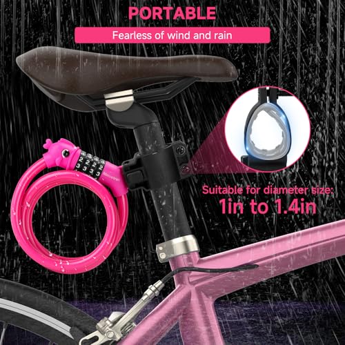 Bike Lock, 3.9 Feet 4-Digit Resettable Combination Password Anti-Theft Cable Lock, Cute Coiled Bike Lock with Mounting Bracket, Suitable for Bicycles, Electric Scooters, Ebikes (Pink-10mm) - color: Pink-10mm