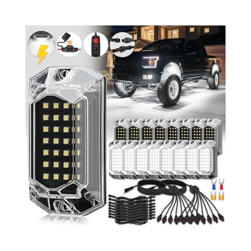 16Pods White Rock Lights Kit with Strobe/Flash Mode,6500K for Truck Offroad | Strobe Mode, Plug-and-Play Pre-Wired Kit, Switch Harness Wiring Extension Fuse, 6500K Pure White, 230° Wide Angle, 448Chips - size: 16Pods Strobe