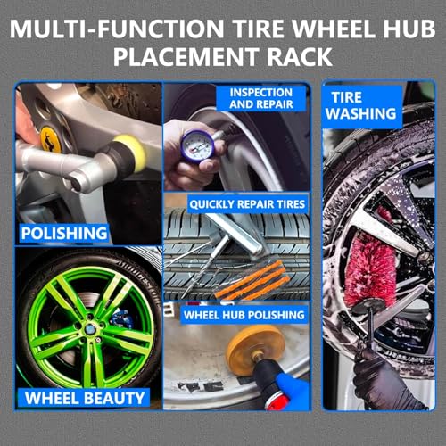 Rolling Wheel Detailing Stand – Heavy-Duty Tire Cleaning and Polishing Roller with 3-Way Rotating Rollers for Ceramic Coating, Tire Shine, Car Wheel Wash – Garage Accessory for Auto Detailers - color: Black