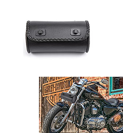 Motorcycle Fork Bag Mini PU Leather Bike Handlebar Tool Bag Sissy Bar Roll Storage Bag (Black) - color: Black