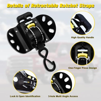 Retractable Ratchet Straps for Ford F-150 2015-2025 | Locking S-Hook Truck Bed Tie Downs Heavy Duty Bed Mounted Ratchet With Safety Lock No Drill Install Auto-Retract Tie Downs - size: F150