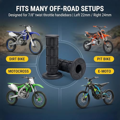 7/8" Dirt Bike Grips for CRF KX KLX YZ YZF RM 125 250 450,Anti-Slip Soft Rubber Handlebar Grips for Pit Bike, Motocross, Off-Road, Mini Bike, 22mm Left / 24mm Right,Black