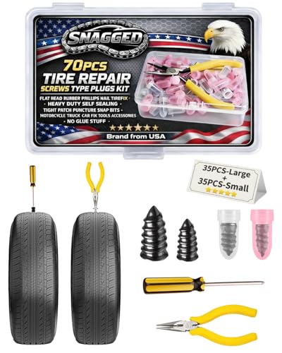 70PCS Tire Repair Screws Type Plugs Kit,Flat Head Rubber Phillips Nail Tirefix Heavy Duty Self Sealing,Tight Patch Puncture Snap Bits,Motorcycle Truck Car Fix Tools Accessories,No Glue Stuff
