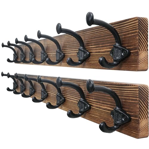 WEBI Rustic Coat Rack Wall Mount,30" Long 7 Cast Iron Coat Hooks Wall Mounted,Heavy Duty Farmhouse Wood Coat Hanger Wall Antique Vintage Hooks for Hanging Jacket,Clothes,Backpack,Brown,2 Packs - color: Brown, size: 30 Inch(2 Packs)