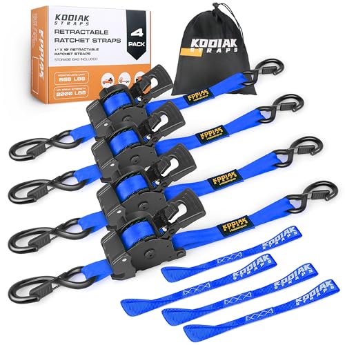 Retractable Ratchet Straps 1" x 10ft, 1,800lb Break Strength, Heavy Duty Easy Release Tie Down for Trucks, Trailers, Motorcycles, ATVs, Secure Cargo KODIAK STRAPS (Blue, 4Pack) - color: Blue, size: 1INCH*4PACK