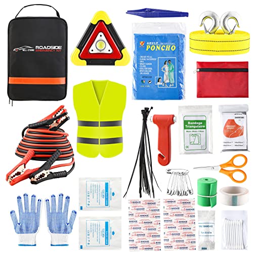 Car Roadside Emergency Kit with Reflective Warning Triangle, Assistance Kit with 13 FT Jumper Cable for Men or Women Black