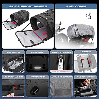 Rhinowalk Motorcycle Tail Bag, Expandable Motorcycle Travel Luggage Bags 60L, Waterproof All-Weather Trunk Rack Bag with Sissy Bar Straps & Helmet Rain Cover-Black - color: Black 40-60L