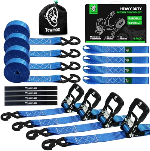 Ratchet Straps Heavy Duty 4 Pack -1.5 Inch x 15 Feet (5,208LB Break Strength)- Motorcycle Tie Down Straps -1.5xThickened Wear-Resistant Ratchet Tie Down Set for Powersports, Motorcycle or Moving Cargo - color: Blue, size: 5208ft - 15ft