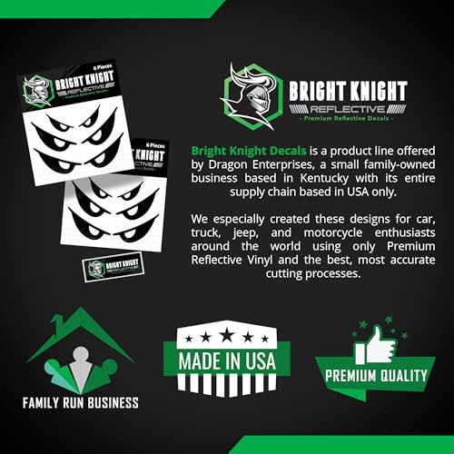 Bright Knight Decals Reflective Evil Eye Stickers, 6" x 3" White Evil Eye Motorcycle Decals & Graphics for Bike & Motorcycle Helmet Stickers, Made in USA, 3 Pairs - color: White