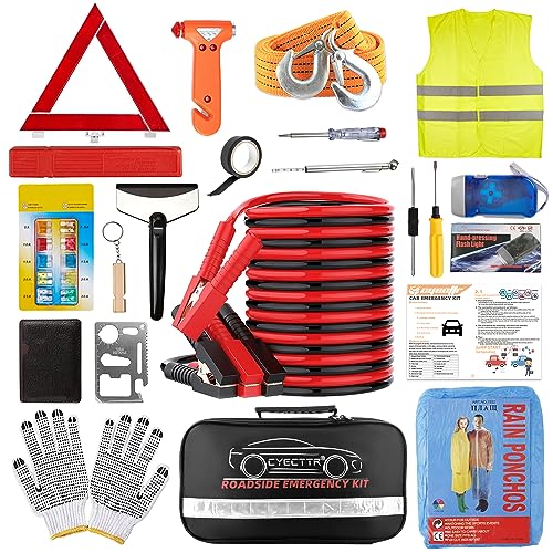 Car Roadside Emergency Kit,Auto Vehicle Truck Safety Emergency Road Side Assistance Kits with Jumper Cables,Safety Hammer,Reflective Warning Triangle,Tire Pressure Gauge,Tow Rope,etc