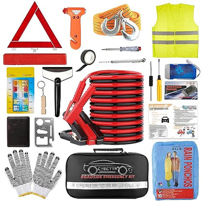 Car Roadside Emergency Kit,Auto Vehicle Truck Safety Emergency Road Side Assistance Kits with Jumper Cables,Safety Hammer,Reflective Warning Triangle,Tire Pressure Gauge,Tow Rope,etc