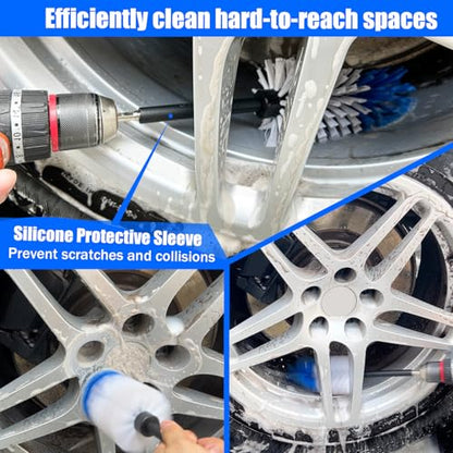 Car Wheel Brush Kit, Soft Drill Wheel Cleaner Brush, Tire Brush, Detailing Brush, and Detailing Pads, No Scratches Car Wheel Cleaning Kit for Wheels, Tires, Rims, Engines, Exhaust(Blue+White, 6 Pack) - color: Blue+white 6 Pk