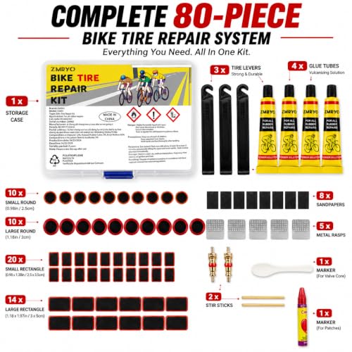 Bike Tire Repair Kit 80 PCS, Flat Tire Repair Kit with 54 Patches, 4 Vulcanizing Glue Tubes, Tire Levers & Valve Core Tools for Bikes, E-Bikes, Scooters & Inner Tube Repairs