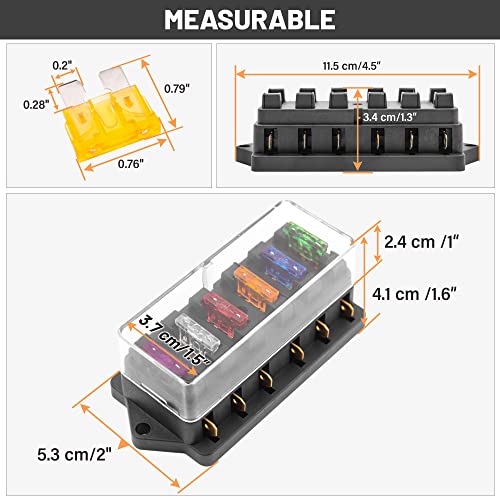 RED WOLF 6 Way Fuse Block Blade Fuse Box with Standard Circuit Fuses for Boat Marine Vehicle Auto RV Car Trailer Truck SUV Power Distribution Panel Waterproof Cover DC 10-32V - size: 6 Way