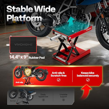 VIVOHOME 1100 LBS Motorcycle Lift Scissor Jack, Wide Deck Hoist Stand, Height Adjustable Center Stand with Crank, Steel Lift for Cruiser, Dirt Bike, ATV - Red - color: Red