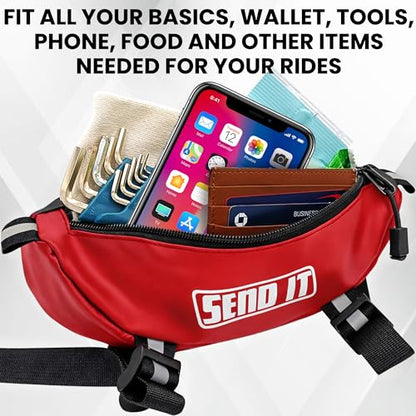 Waterproof Dirtbike Handlebar Bag | Compact Motorcycle Handle Bar Storage Pouch | Universal Fit Dirt Bike Bag for Trail & Adventure Riding | Durable Surron Bar Bag - Red - color: Red