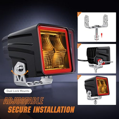 Nilight 3 Inch Cube Amber LED Pod Light Bar 20 W 1240LM Super Flood Screw-Less Offroad Driving Work Lights w/16AWG DT Wiring Harness Kit for Truck UTV 4x4 ATV Motorcycle - color: Indirect 4LED Flood Pod-Amber