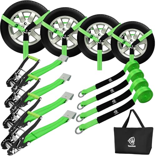 4 Pack Car Tie Down Straps for Trailers - 2" x 8' Heavy Duty Tire Straps with Flat Hooks - 10,000lbs Break Strength, Adjustable Lasso Style Wheel Straps for Hauling Cars, Truck, UTV(Green) - style: Flat Hooks