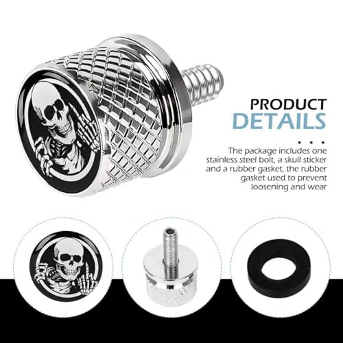 Motorcycle Seat Bolt, 1/4"-20 Stainless Steel Skull Knurled Hand-Tighten Screw, Compatible with Harley Touring Sportster Dyna Softail Models, Chrome Replacement Fender Bolt (Silver) - color: Silver