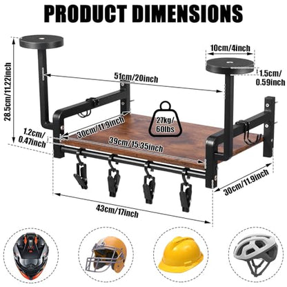 Helmet Wall Mount, Motorcycle Helmet Holder with Walnut Wood Shelf, 2 Helmets Stand, 4 Glove Chips and 2 Hooks, Helmet Display Mount for Most of Helmet and Clothes