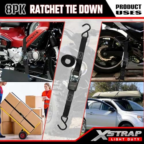 XSTRAP STANDARD 8-Pack Ratchet Tie Down Straps, 1" x 10ft, 900lb Break Strength Heavy Duty Straps for Motorcycles, ATVs, Lawn Equipment, Appliances & Truck Cargo - Black - color: Black