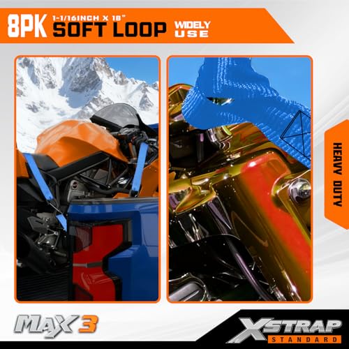 XSTRAP STANDARD Soft Loop Tie-Down Straps - 8PK 1-1/16 x 18 inches - 3600LB Breaking Strength, Loops for Securing Trailering of Bikes, ATV, UTV, Motorcycles, Scooters, Dirt Bikes, Lawn Equipment, Blue - color: Blue