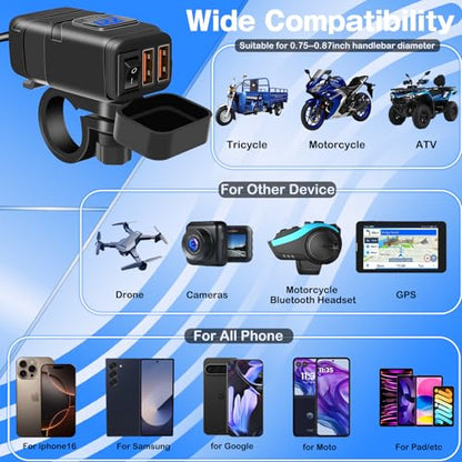 Motorcycle Phone Charger,Dual USB 6.8A Quick Charge 3.0 Motorcycle Charger Adapat with Voltmeter & ON/Off Switch, Waterproof SAE to USB Adapter for Phone, Tablet, GPS (Blue) - color: Blue
