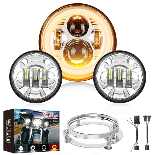 Nilight 7 Inch Motorcycle LED Headlight 4.5 Inch Fog Lights Halo Turn Signal DOT Compatible with Harley Davidson Electra Street Glide Fat Boy Road King Heritage Softail CVO, Chrome - color: 7Inch Headlight DRL+4.5Inch Fog Lights Chrome