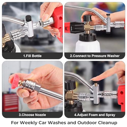 Foam Cannon for Pressure Washer, Dual Connector, 5000PSI Pressure Washer Gun, 2-in-1 Foam and Rinse Tool with 6 Nozzles, 1/4" Quick Connector for Car Truck SUV Washing - size: Dual Connector Kit