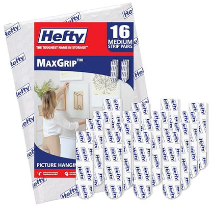 Hefty Picture Hanging Kit - 16 Medium Pairs, Holds Up to 12 Lbs | Picture Hangers & Kit for Home Decor - Picture Hanging Hardware for Superior Adhesion on Frames, No Nails